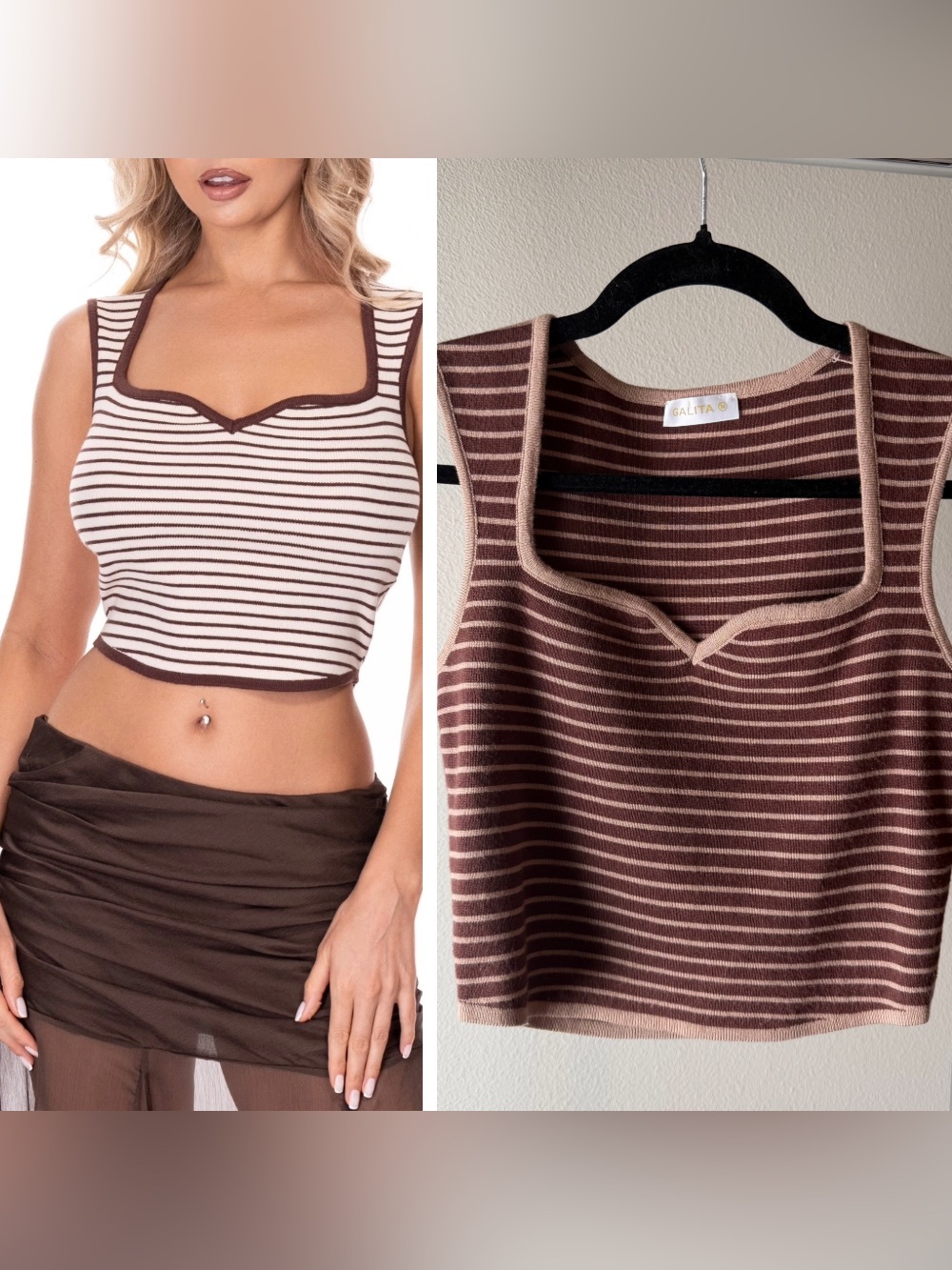 Galita Boutique Brand Size Medium Knit Cropped Top in Striped cream and brown